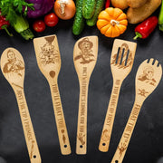 5Pcs Horror Character Funny Engraved Bamboo Wooden Cooking Spoons, Cookware Kit, Horror Movie Theme Kitchen Decor, Gift For Movie Lover, Christmas Party Housewarming Birthday Gift
