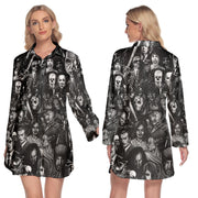 Horror Lover Women's Lapel Shirt Dress With Long Sleeve