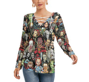 Horror Lover 1 Women's Long Sleeve Neckline Tie Sweatshirt