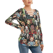 Horror Lover 1 Women's Long Sleeve Neckline Tie Sweatshirt