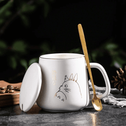 Totoro Mug Lover Style Light Luxury Gold-painted Ceramic Coffee Mug with Lid Spoon Water Cup Cartoon